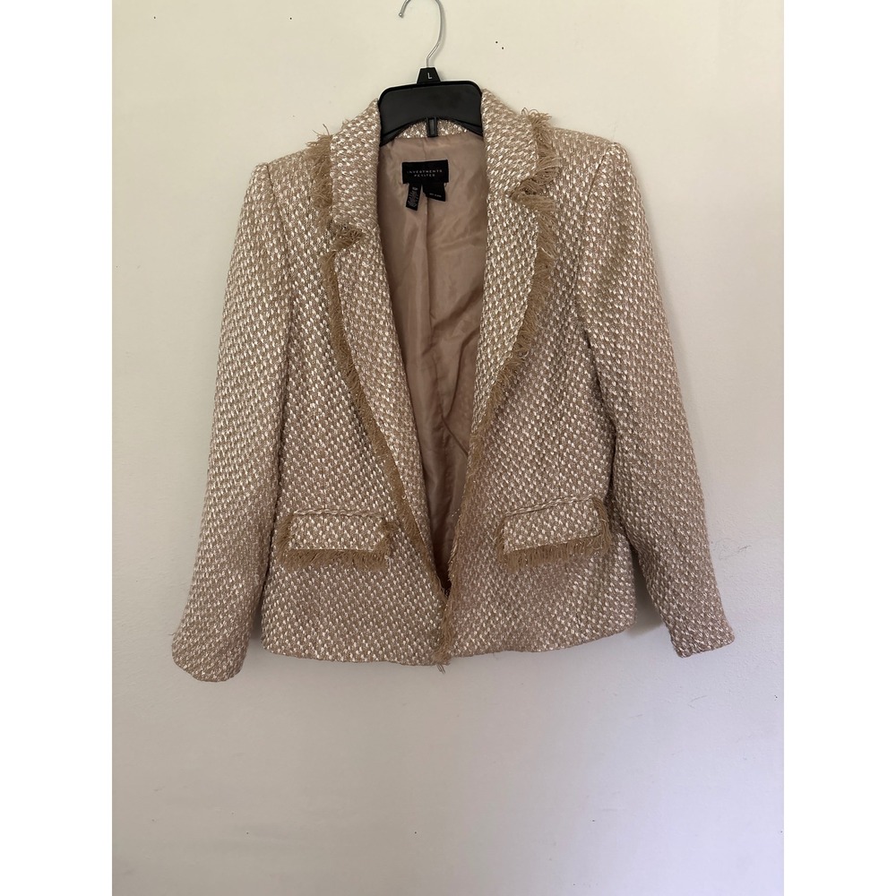 Investments Tweed Blazer Women 10P Gold Excellent Frayed Trim Metallic Jacket